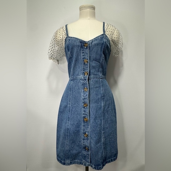 Missguided Denim Dress w/Capped Polka Dot Sleeves Sz 4 95% cotton - Picture 1 of 11